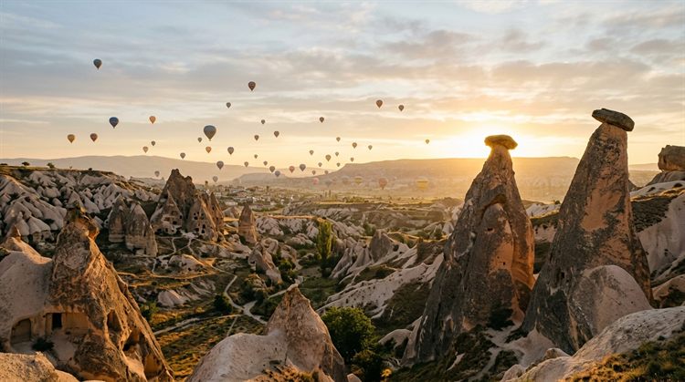 Gün doğumunda Kapadokya üzerinde yükselen sıcak hava balonları